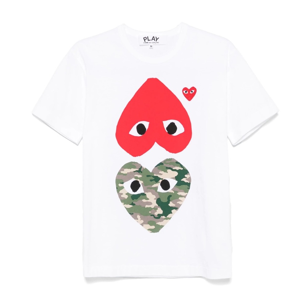 Comme des Garcons PLAY White Tee with Red and Camouflage Hearts